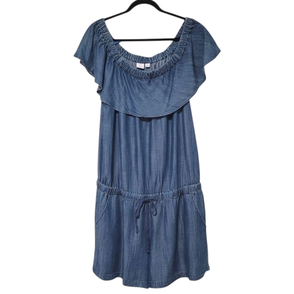 New York & Company Chambray Off-the- Shoulder Ruffle Romper, XL, Pre-owned - Picture 2 of 9